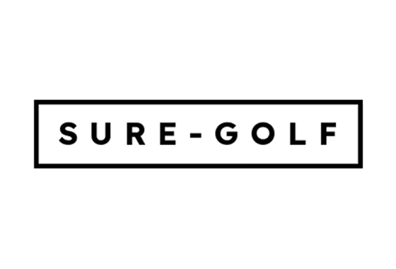 Graphic displaying a black and white logo of the brand Sure Golf