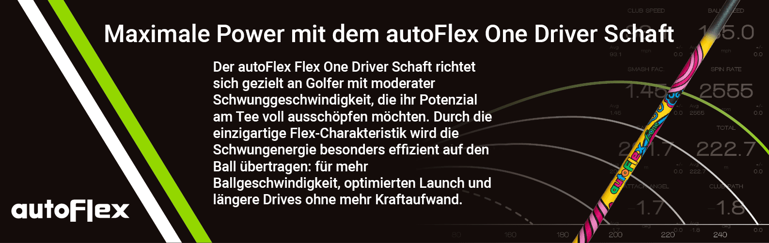 Der autoFlex Flex One Driver Schaft richtet sich gezielt an Golfer mit moderater Schwunggeschwindigkeit, die ihr Potenzial am Tee voll ausschöpfen möchten. Durch die einzigartige Flex-Charakteristik wird die Schwungenergie besonders effizient auf den Ball übertragen: für mehr Ballgeschwindigkeit, optimierten Launch und längere Drives ohne mehr Kraftaufwand.