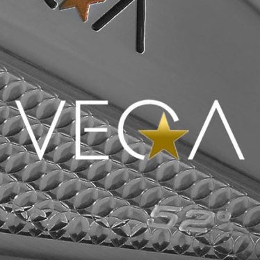 White and golden Vega logo on a neutral background